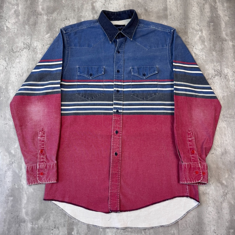 Vintage Wrangler Brushpopper Shirt Mens L Striped Colorblock Western USA 80s